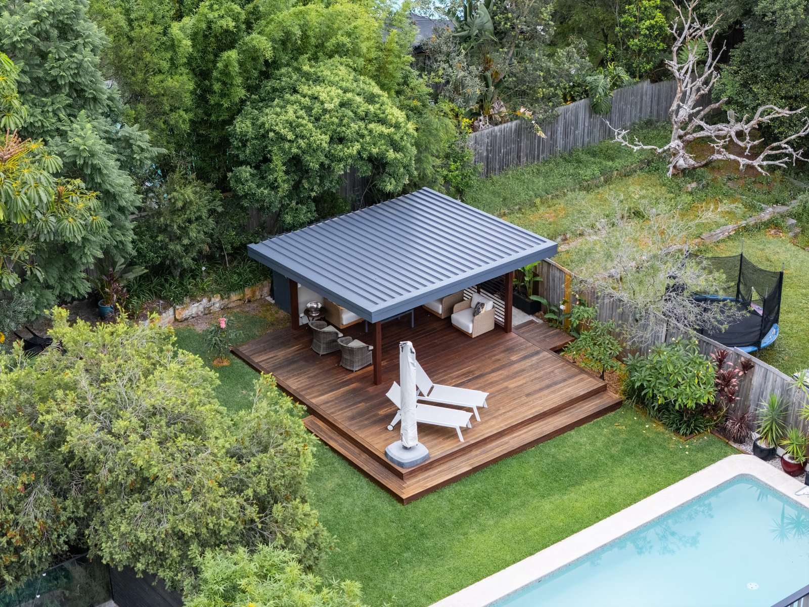 Angled aerial view of the alfresco and pool